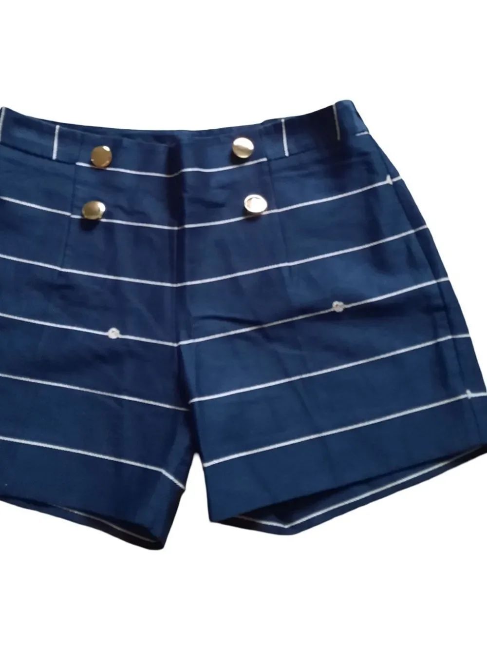 The Limited Navy and White High-Waist Striped Shorts with Gold Buttons